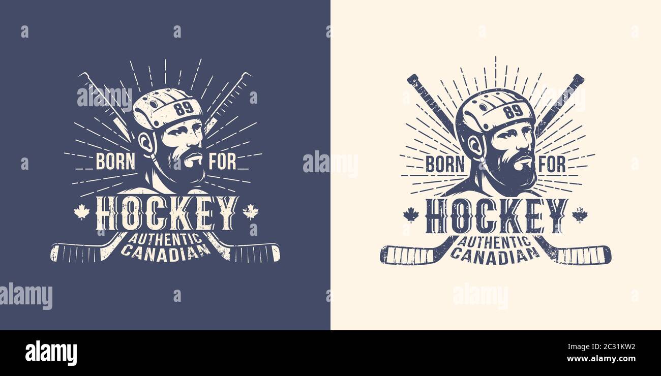 Bärtiger Spieler im Helm auf Retro-Hockey-Emblem Stock Vektor