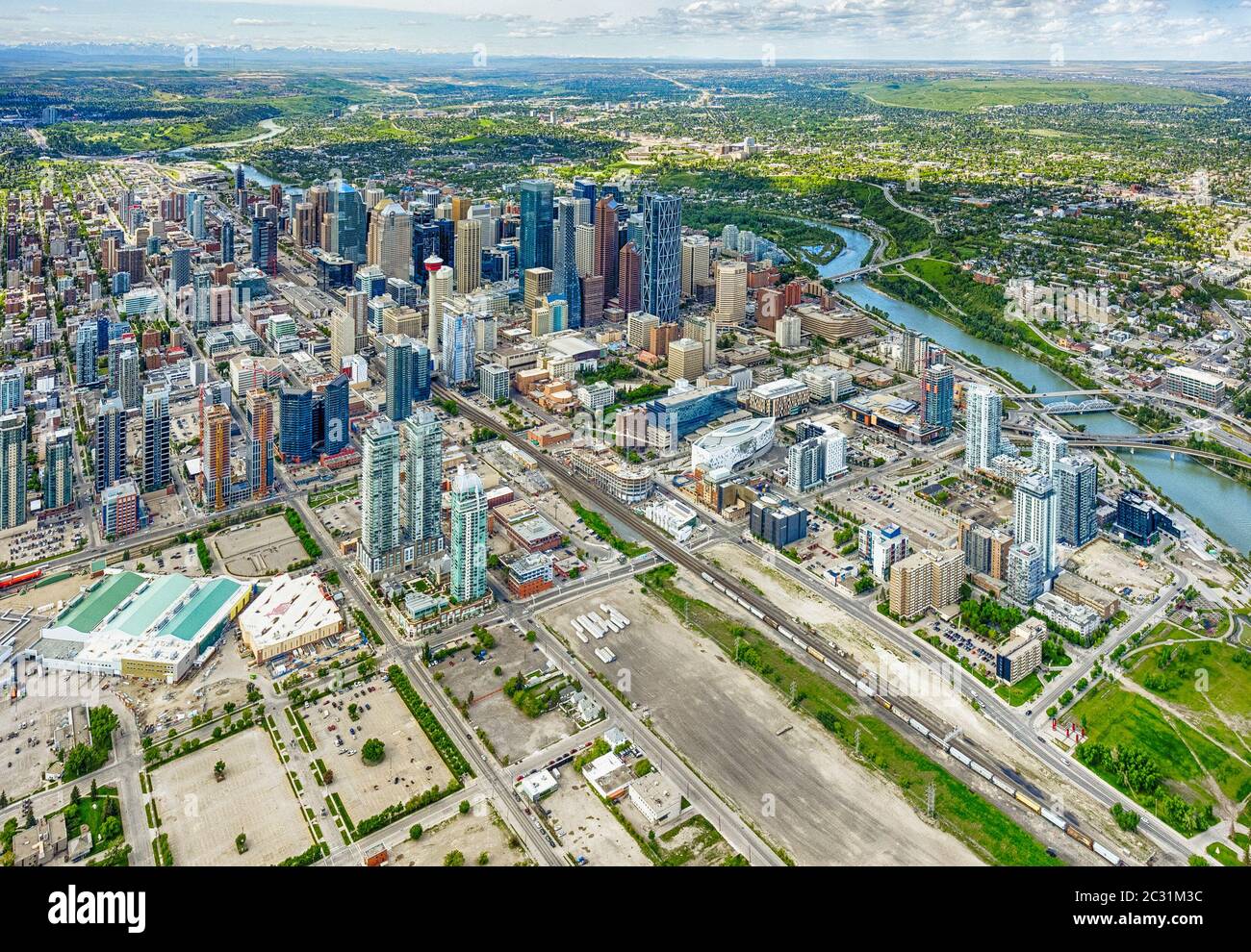 Luftaufnahme der Innenstadt von Calgary, Alberta. Stockfoto