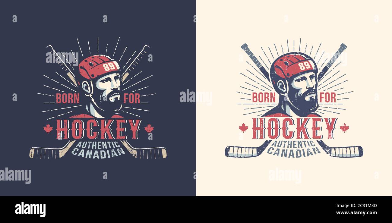 Vintage Canadian Hockey Logo mit bärtigen Spieler Stock Vektor
