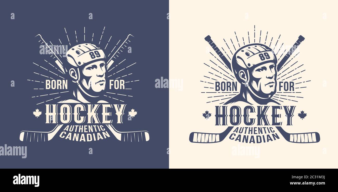 Hockey Retro Vintage Logo mit Spielerkopf und gekreuzten Stäben Stock Vektor