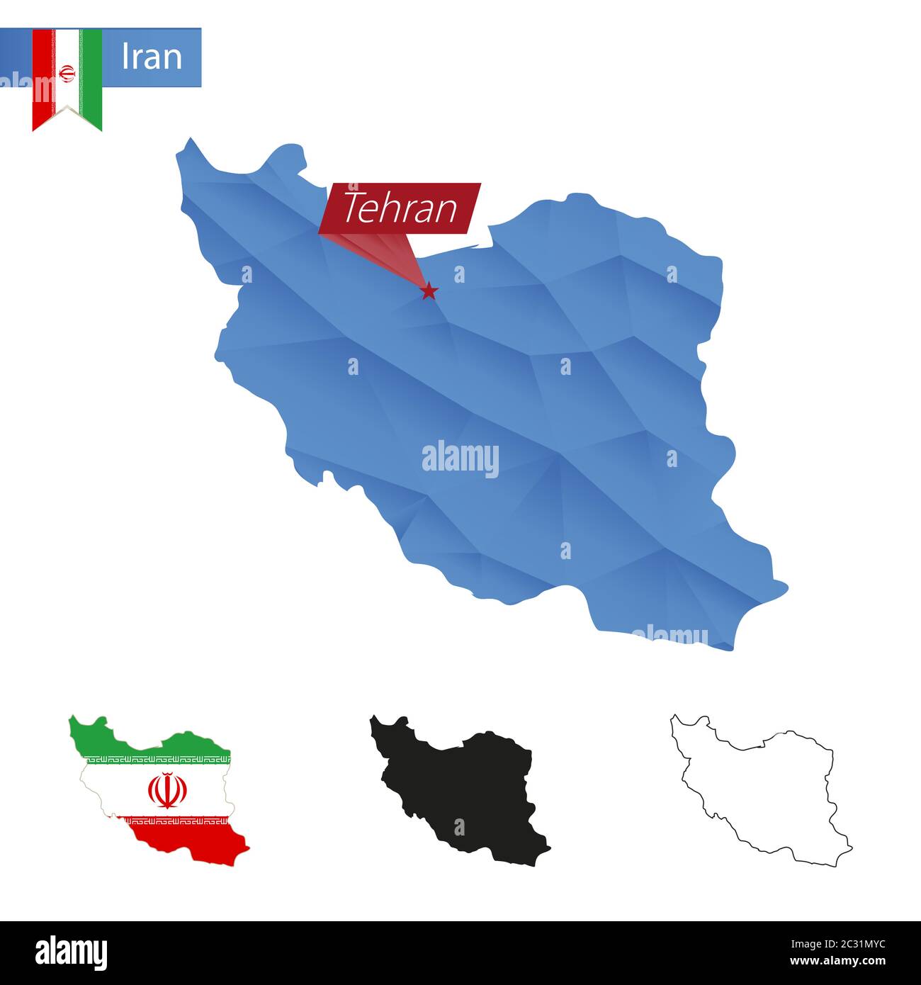 Iran blau Low Poly Karte mit Hauptstadt Teheran, Versionen mit Flagge, schwarz und Umriss. Vektorgrafik. Stock Vektor