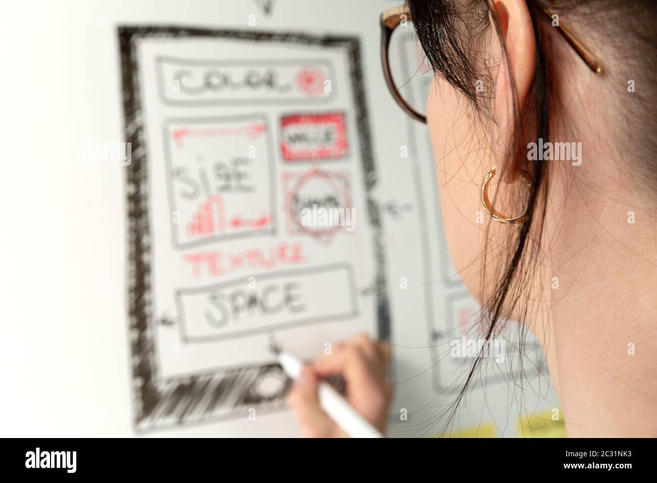 Frauen Webseiten-Designer kreative Planung Anwendungsentwicklung Zeichnen Vorlage Layout Rahmen Drahtmodell Design Studio . Konzept der Benutzererfahrung Stockfoto