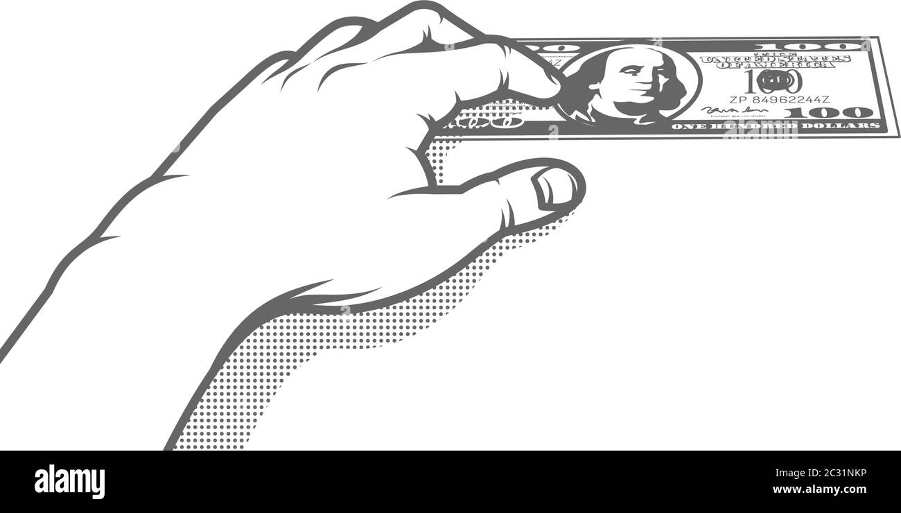 Hand drückt einen hundert-Dollar-Schein auf den Tisch Stock Vektor