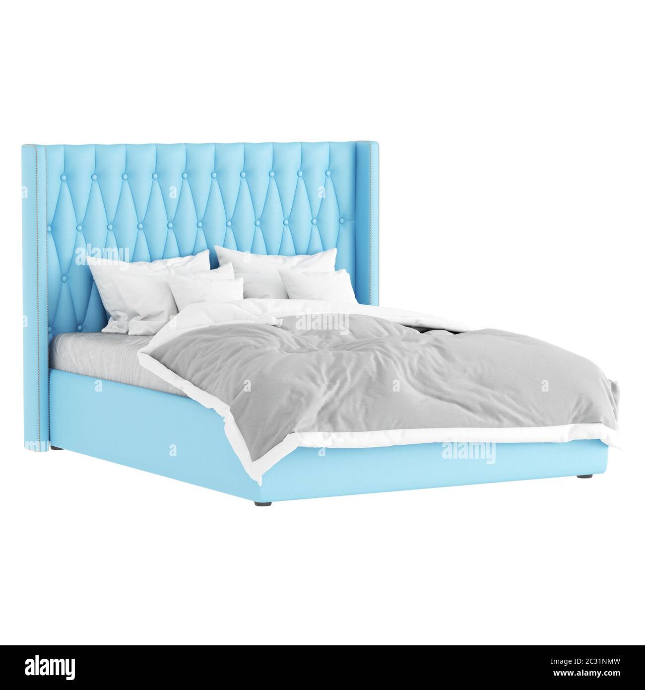 Großes blaues Doppelbett mit hohem Kopfteil mit einer Decke und sechs Kissen auf weißem Hintergrund. 3d-Rendering Stockfoto