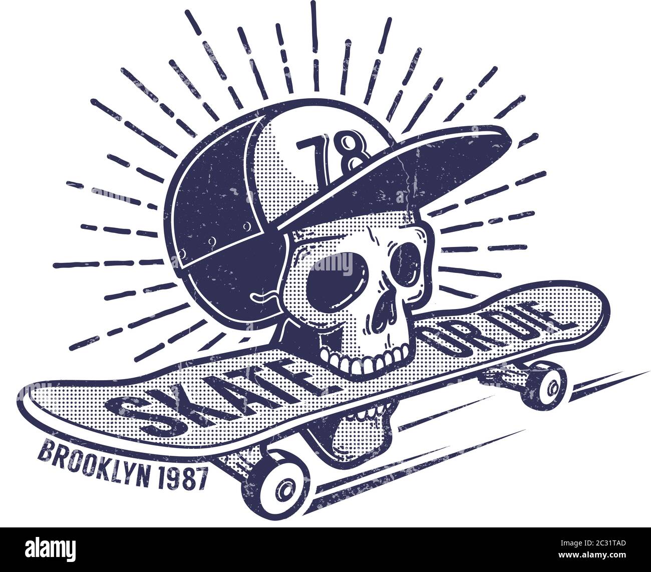 Skull in Baseballmütze hält Skateboard im Mund Stock Vektor