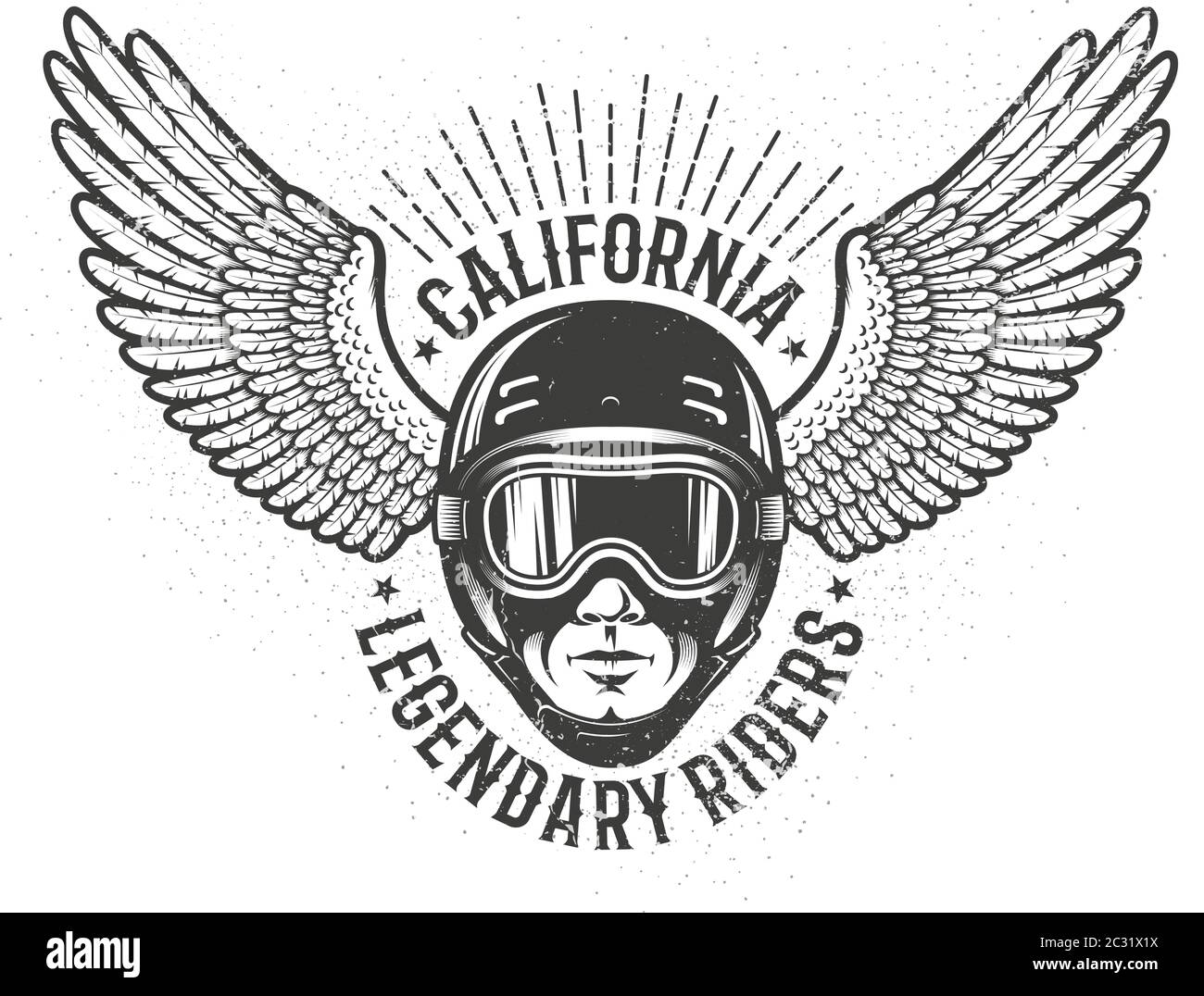 Kopf des Fahrers in Helm und Sportbrille mit Flügel Stock Vektor