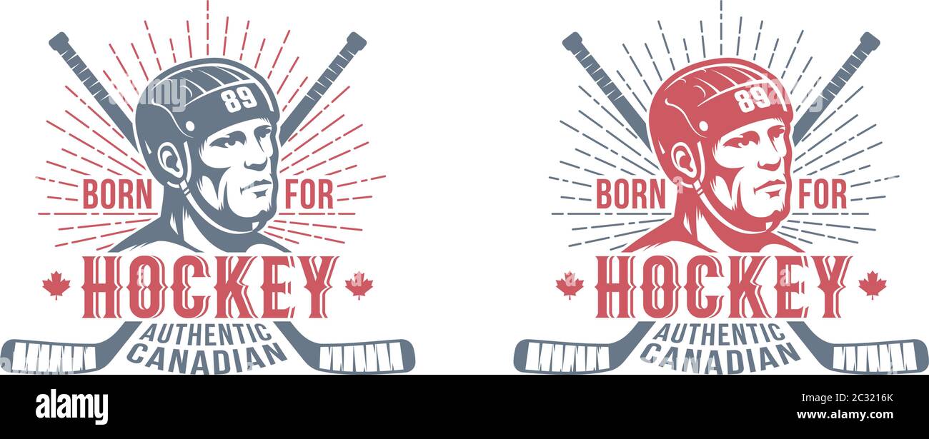 Hockey canadian Abzeichen mit Spieler und Stöcke Stock Vektor