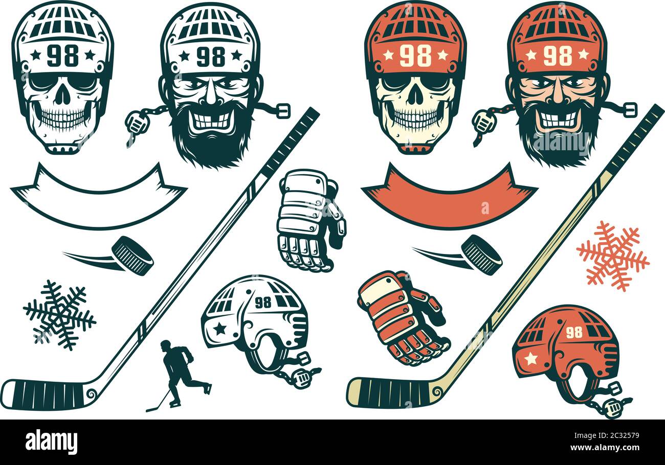 Set von Hockey-Elementen im Retro-Stil Stock Vektor