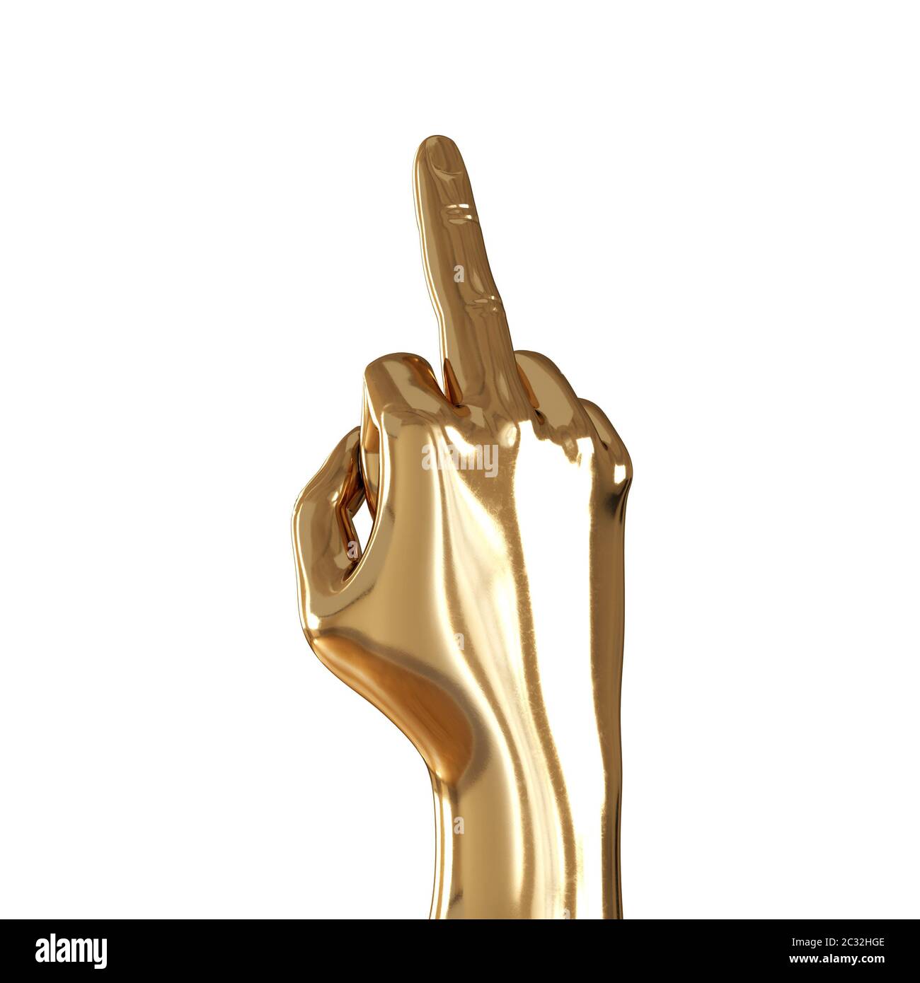 Eine goldene Hand mit einem erhobenen Mittelfinger auf weißem Hintergrund. 3d-Rendering Stockfoto