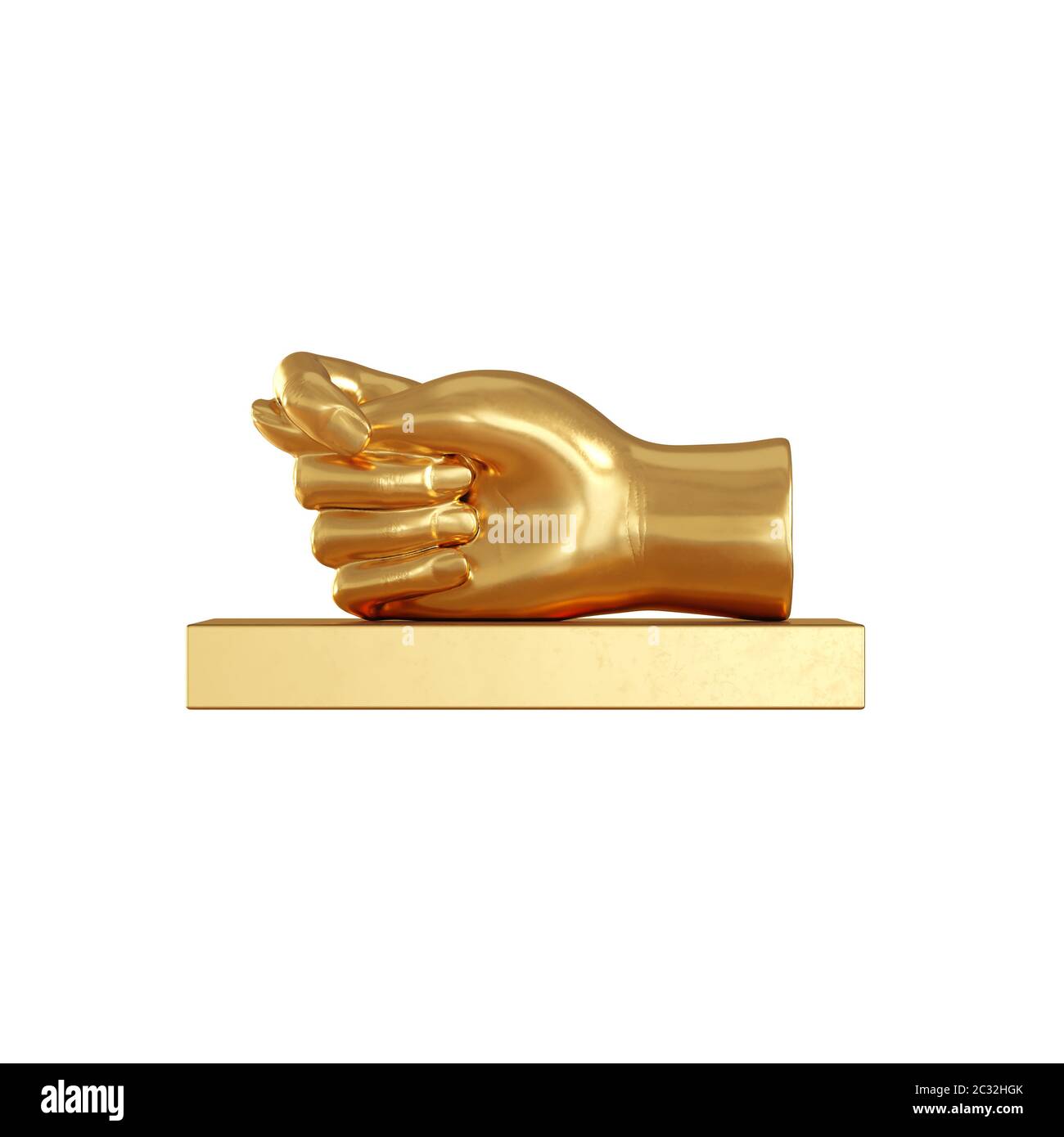 Eine goldene Figur in Form einer Hand mit einem Daumen, der zwischen dem Index und der Mitte auf weißem Hintergrund geklebt ist. 3d-Rendering Stockfoto