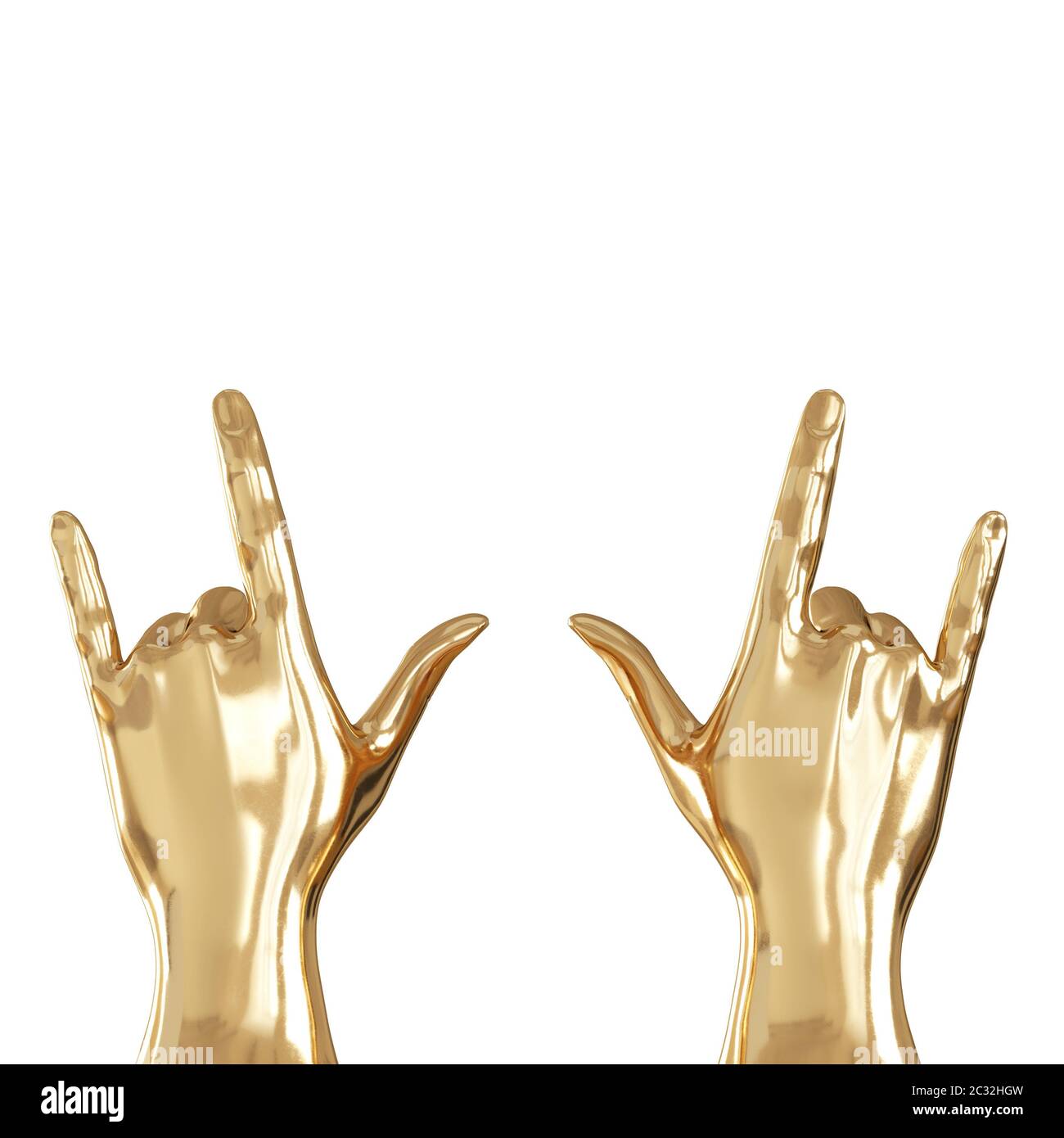 Zwei goldene Hände mit drei Fingern auf weißem Hintergrund. Rückansicht. Copyspace. 3d-Rendering Stockfoto