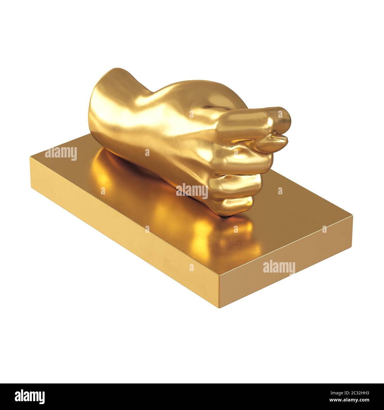Eine goldene Figur in Form einer Hand mit einem Daumen, der zwischen dem Index und der Mitte auf weißem Hintergrund geklebt ist. 3d-Rendering Stockfoto