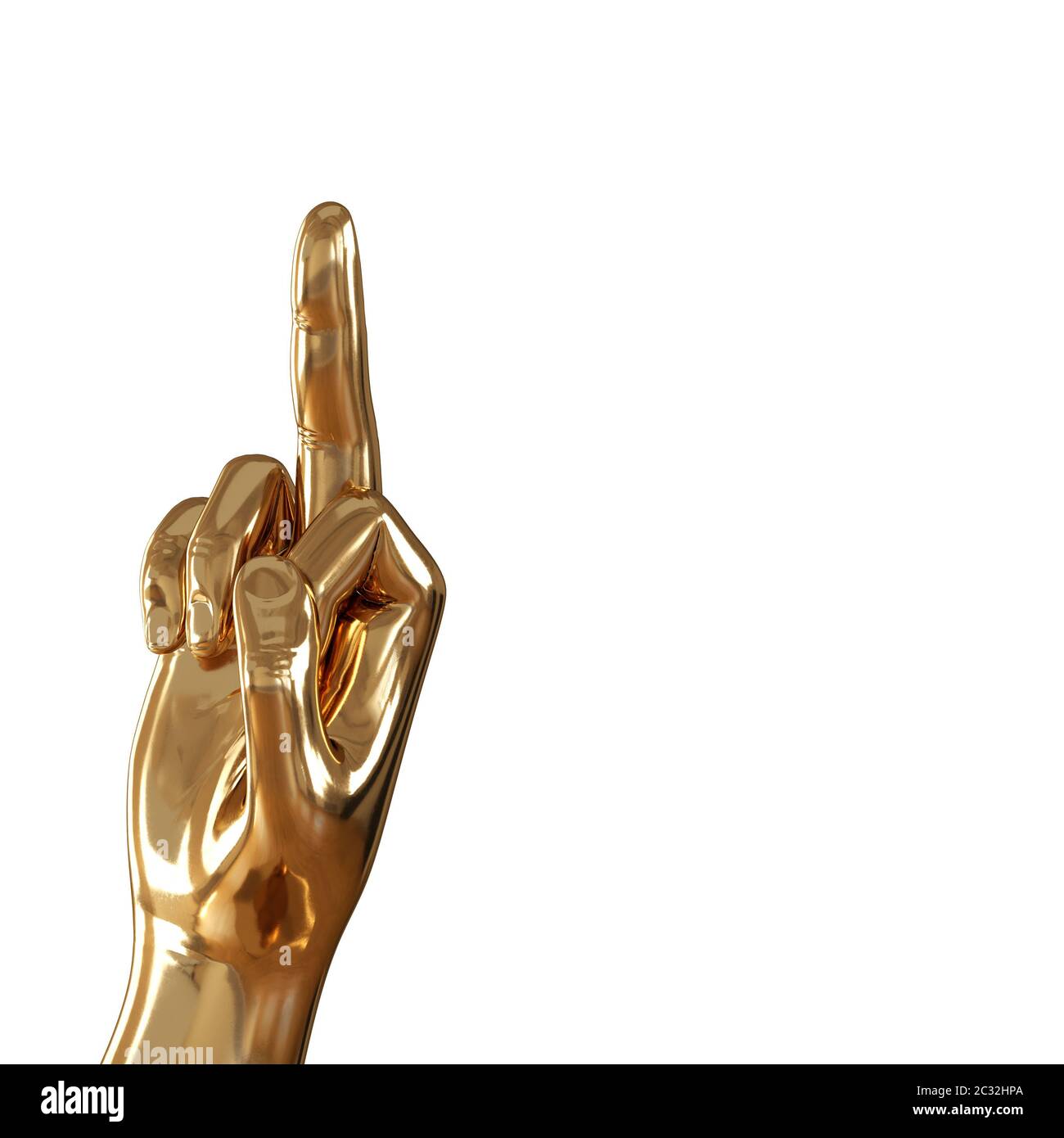 Eine goldene Hand mit einem erhobenen Mittelfinger auf weißem Hintergrund. Copyspace. 3d-Rendering Stockfoto
