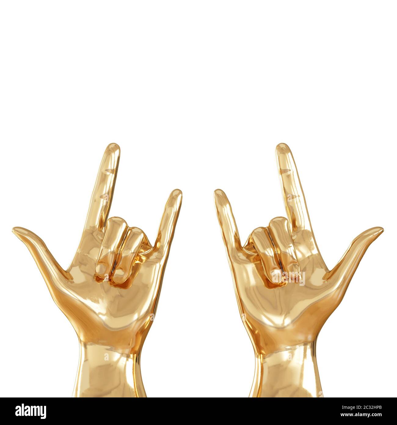 Zwei goldene Hände mit drei Fingern auf weißem Hintergrund. Vorderansicht. Copyspace. 3d-Rendering Stockfoto