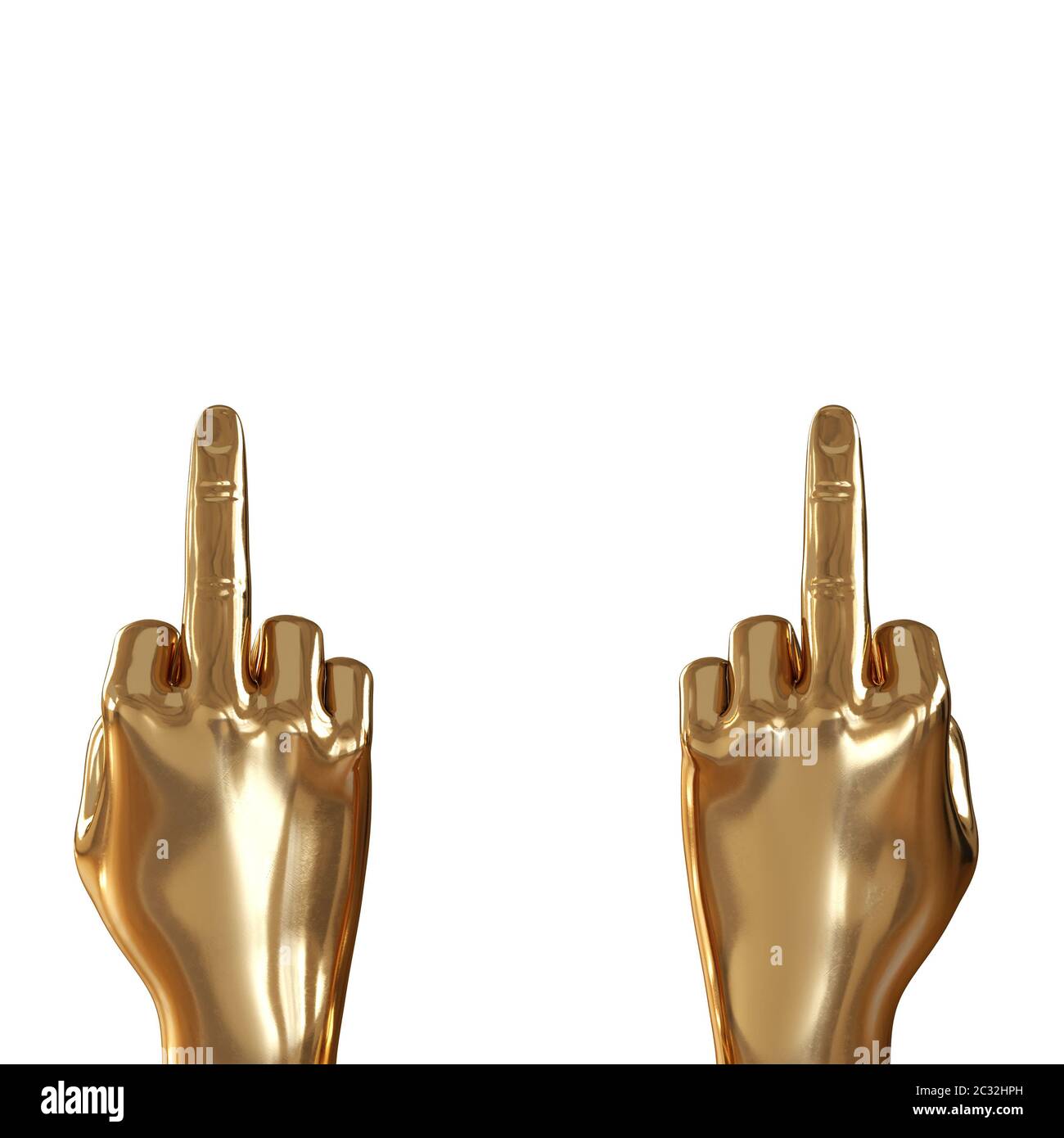 Zwei goldene Hände mit erhobenem Mittelfinger vor weißem Hintergrund. Copyspace. 3d-Rendering Stockfoto