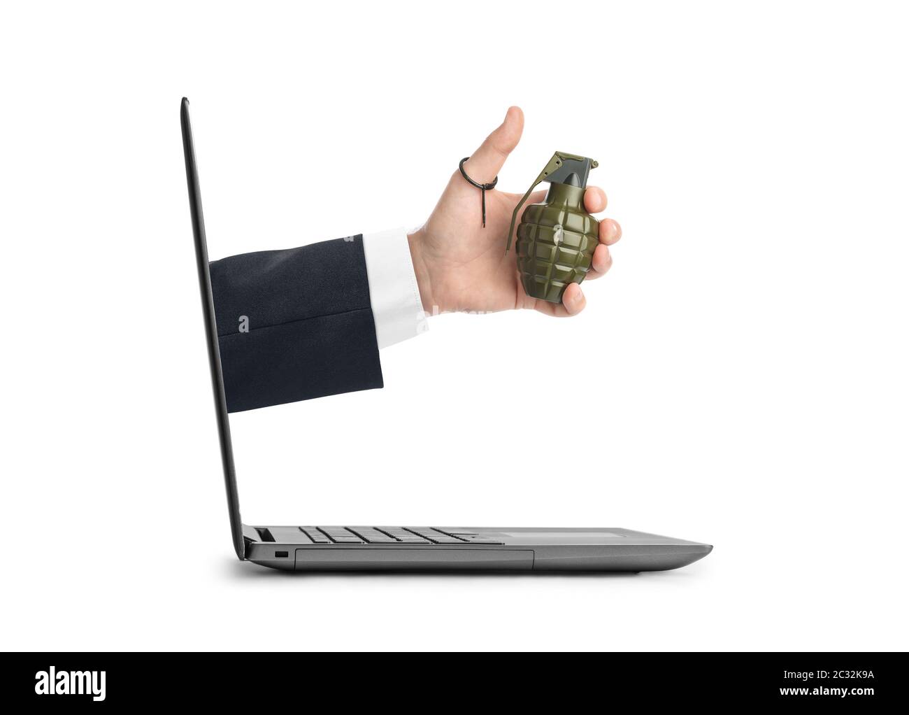 Hand mit Granate und Notizbuch Stockfoto