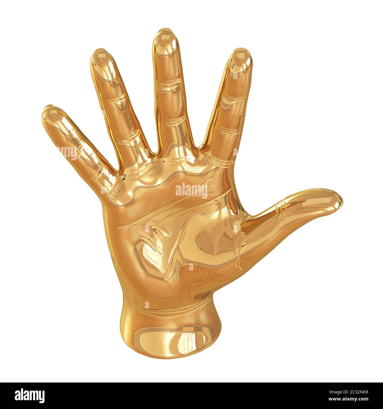 Goldene Statuette einer Hand mit einer offenen Handfläche auf weißem Hintergrund. 3d-Rendering Stockfoto