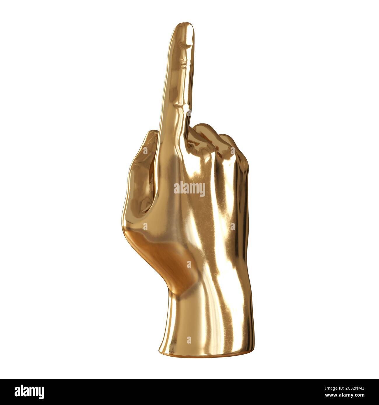 Goldene Figur der eine Hand mit einem auferweckt Zeigefinger auf einem weißen Hintergrund. 3D-Rendering Stockfoto