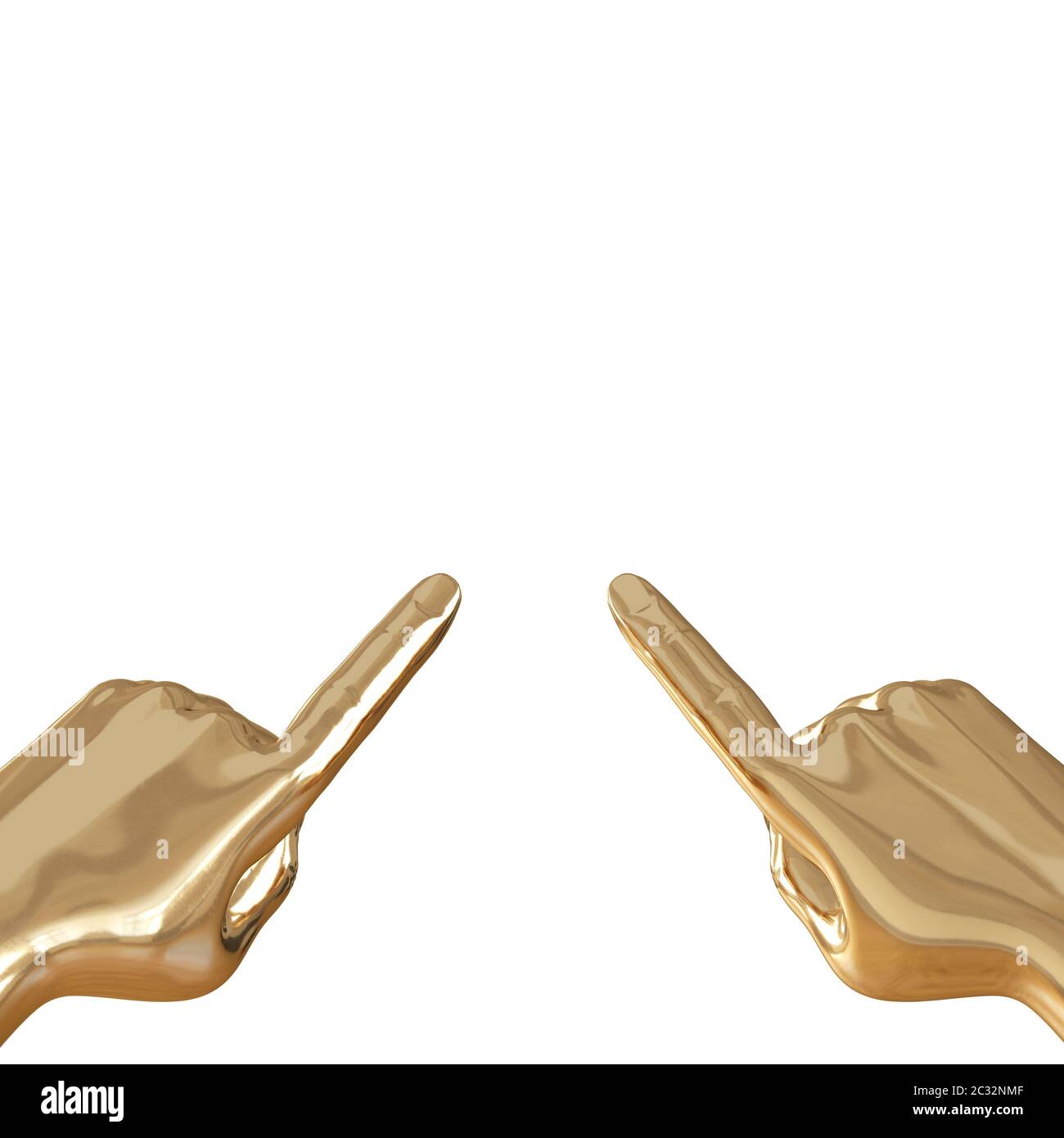 Zwei goldene Hände in ausgestreckten Zeigefinger auf weißem Hintergrund. 3d-Rendering Stockfoto