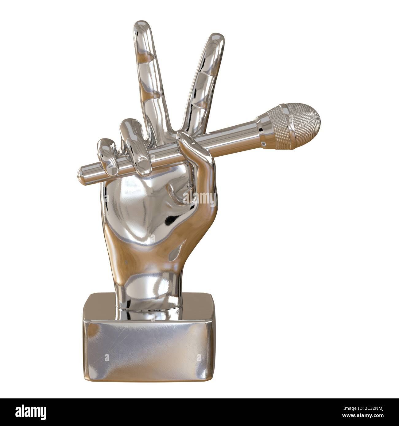 Eine Metallfigur einer Hand mit zwei hochgehobenen Fingern hält ein Mikrofon auf weißem Hintergrund. Vorderansicht. 3d-Rendering Stockfoto