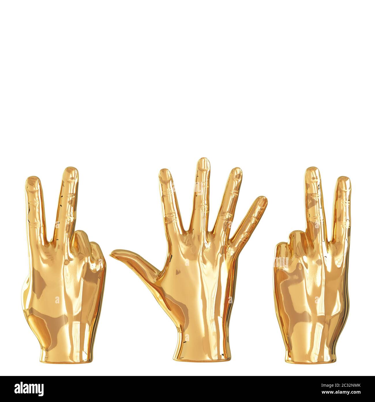 Drei goldene Handfiguren mit verschiedenen Gesten auf weißem Hintergrund. Rückansicht. Copyspace. 3d-Rendering Stockfoto