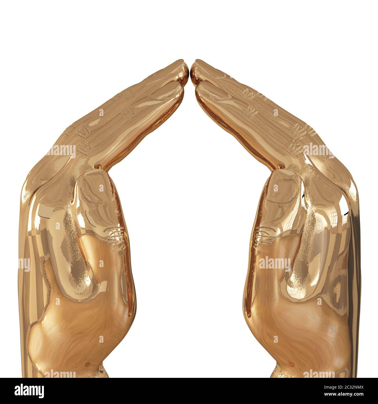 Zwei dekorative goldene Hände mit leicht gebeugten Fingern auf weißem Hintergrund. Seitenansicht. 3d-Rendering Stockfoto