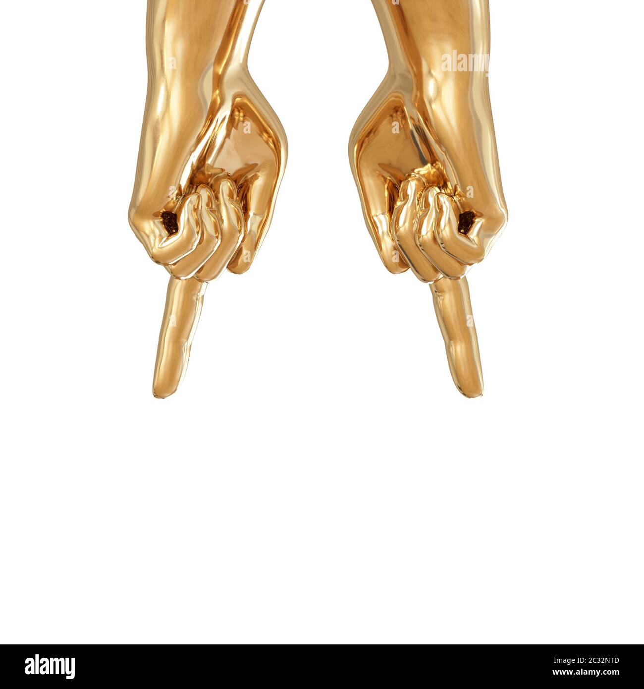 Zwei goldene Hände zeigen oben nach unten mit Zeigefinger auf weißem Hintergrund. 3d-Rendering Stockfoto