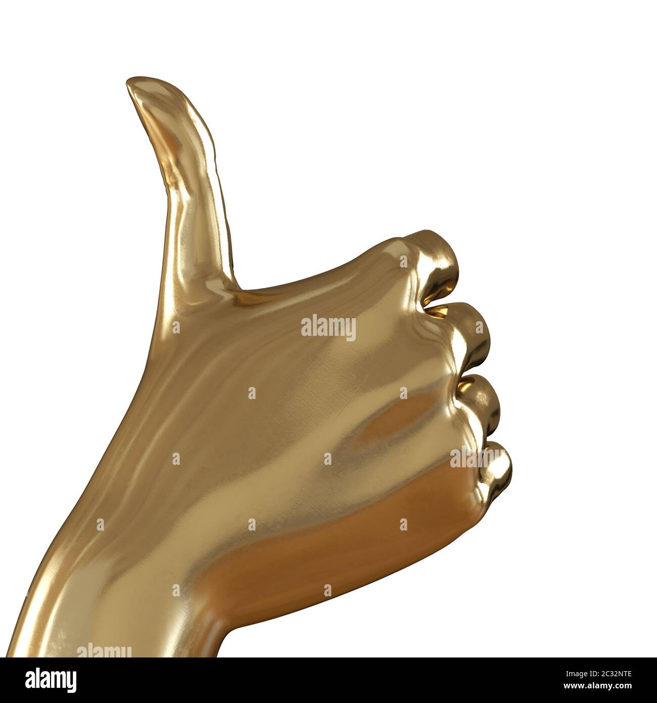 Goldene Hand mit Daumen nach oben auf weißem Hintergrund. 3d-Rendering Stockfoto
