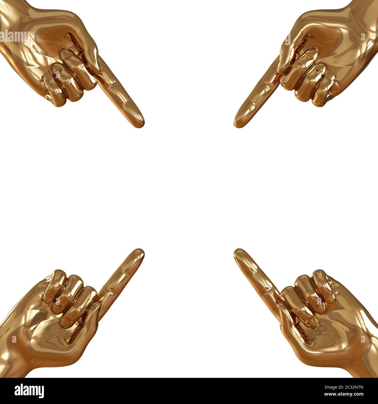 Vier goldene Hände mit erhobenem Zeigefinger in vier Ecken auf weißem Hintergrund. 3d-Rendering Stockfoto