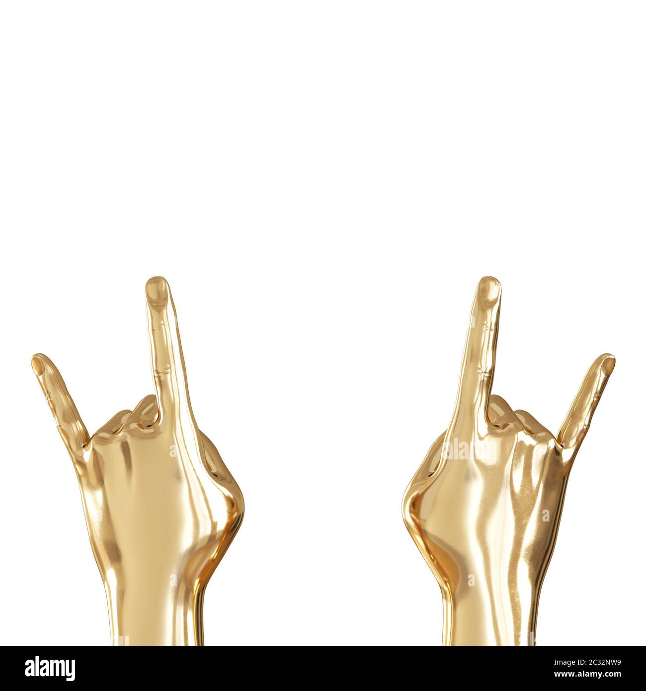Zwei goldene Hände mit zwei Fingern auf weißem Hintergrund. Rückansicht. Copyspace. 3d-Rendering Stockfoto