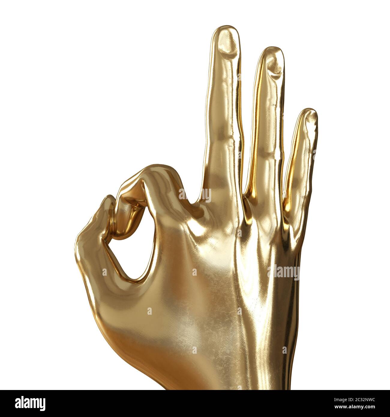 Goldene Hand mit gefalteten Fingern in einer ok-Geste auf weißem Hintergrund. Rückansicht. 3d-Rendering Stockfoto