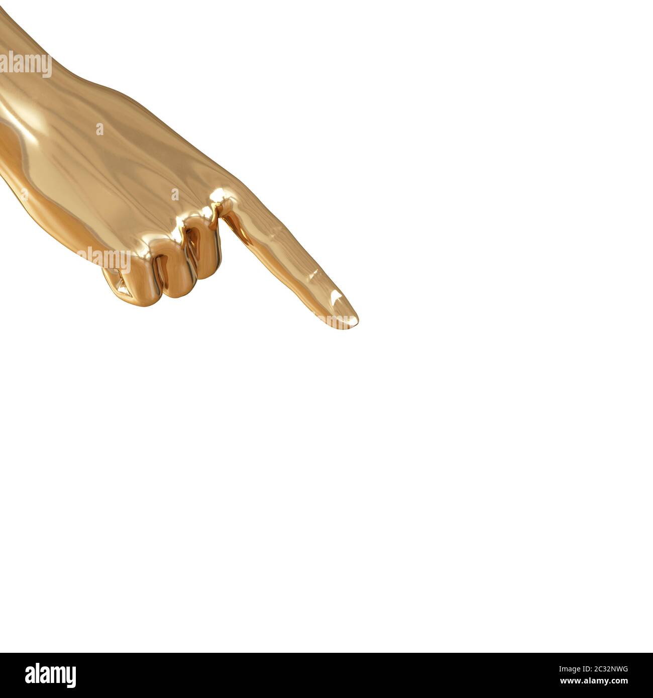 Eine goldene Hand zeigt einen Finger auf die gegenüberliegende Ecke des Daunen auf weißem Hintergrund. 3d-Rendering Stockfoto