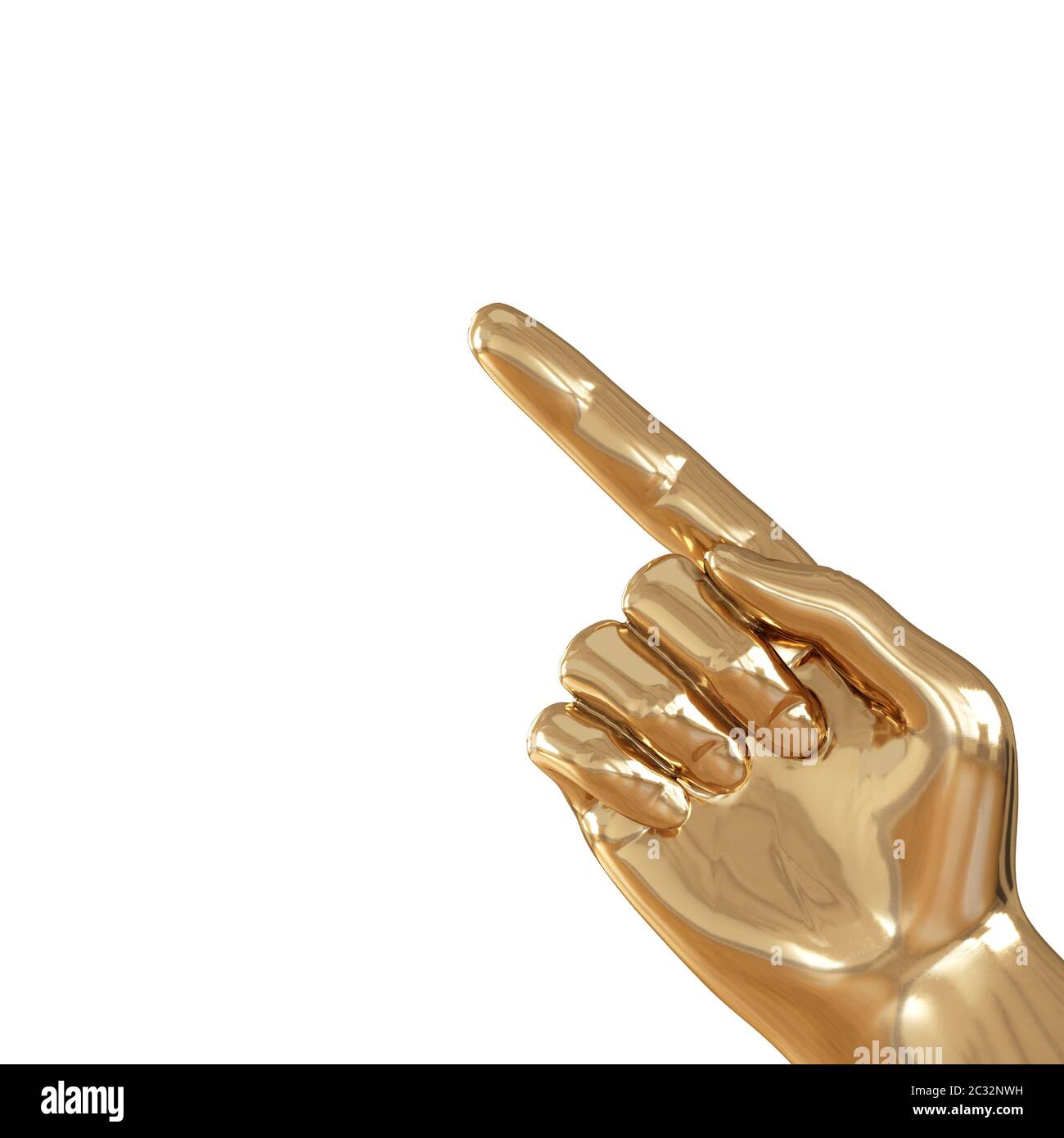 Goldene Hand mit erhobenem Zeigefinger auf weißem Hintergrund. 3d-Rendering Stockfoto