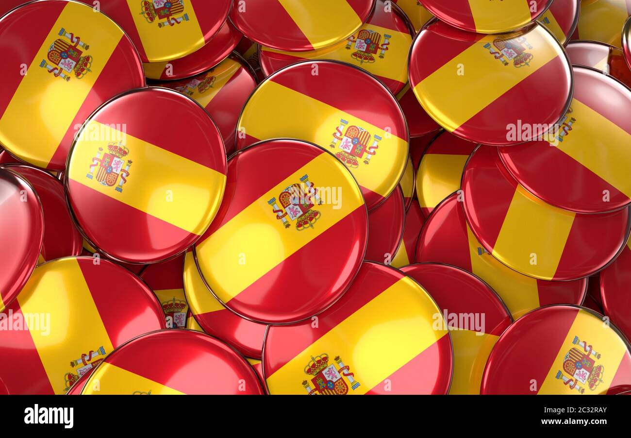 Spanien-Abzeichen Hintergrund - Haufen spanische Flagge Buttons. 3D Rendering Stockfoto