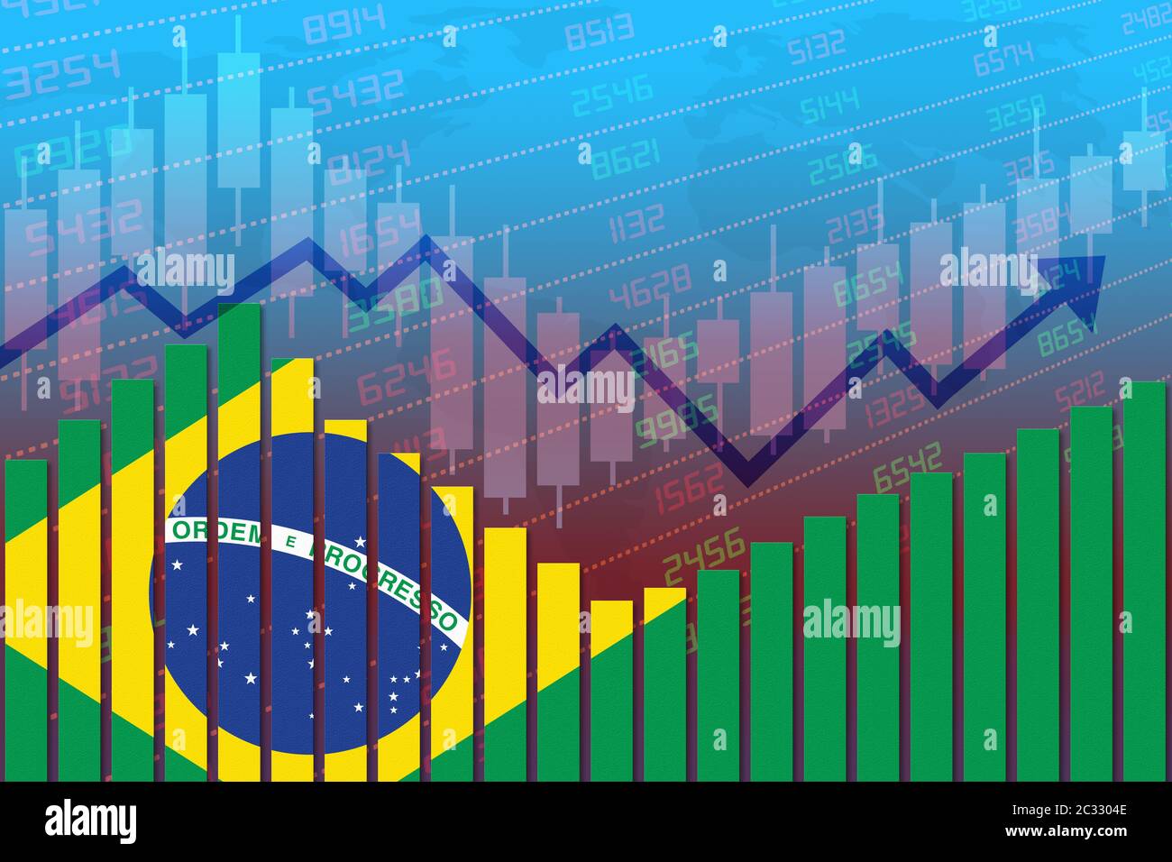 Flagge Brasiliens auf Balkendiagramm Konzept der wirtschaftlichen Erholung und der Verbesserung der Wirtschaft nach der Krise wie Covid-19 oder andere Katastrophe wie Wirtschaft und busi Stockfoto