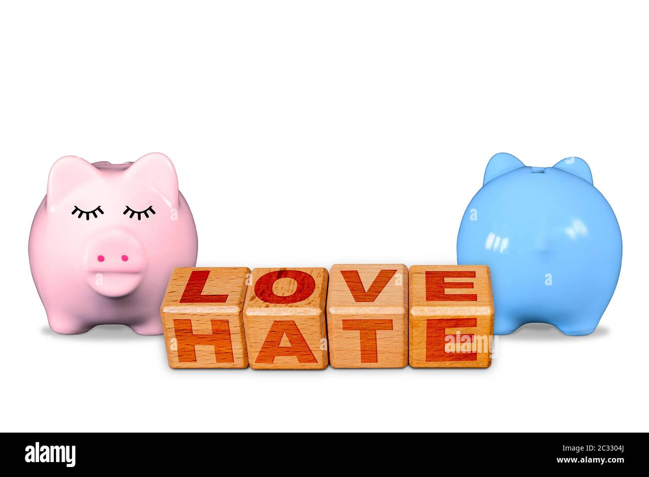 Liebe und Hass auf den gleichen Blöcken, Konzept der Liebe Hass Beziehung mit gegenüber männlichen und weiblichen Sparschwein zeigt kontrastierende emotionale Display. C Stockfoto