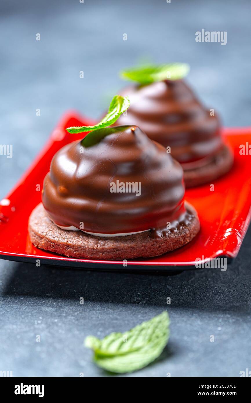 Mini-Schokoladen-Kuchen mit grünen Minzblättern. Stockfoto