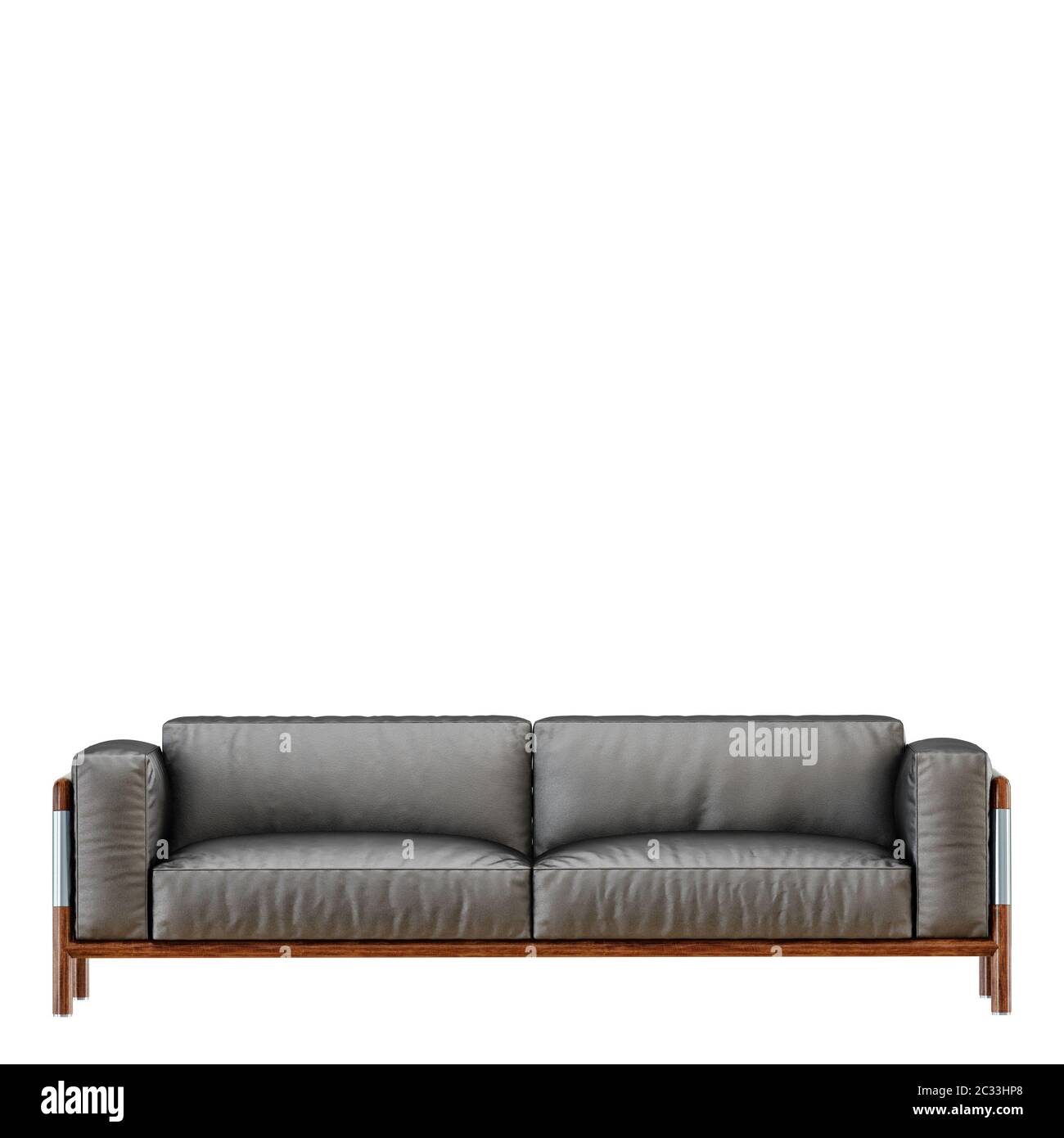 Leder weiches schwarzes Sofa mit Falten auf einem weißen Hintergrund 3d Stockfoto