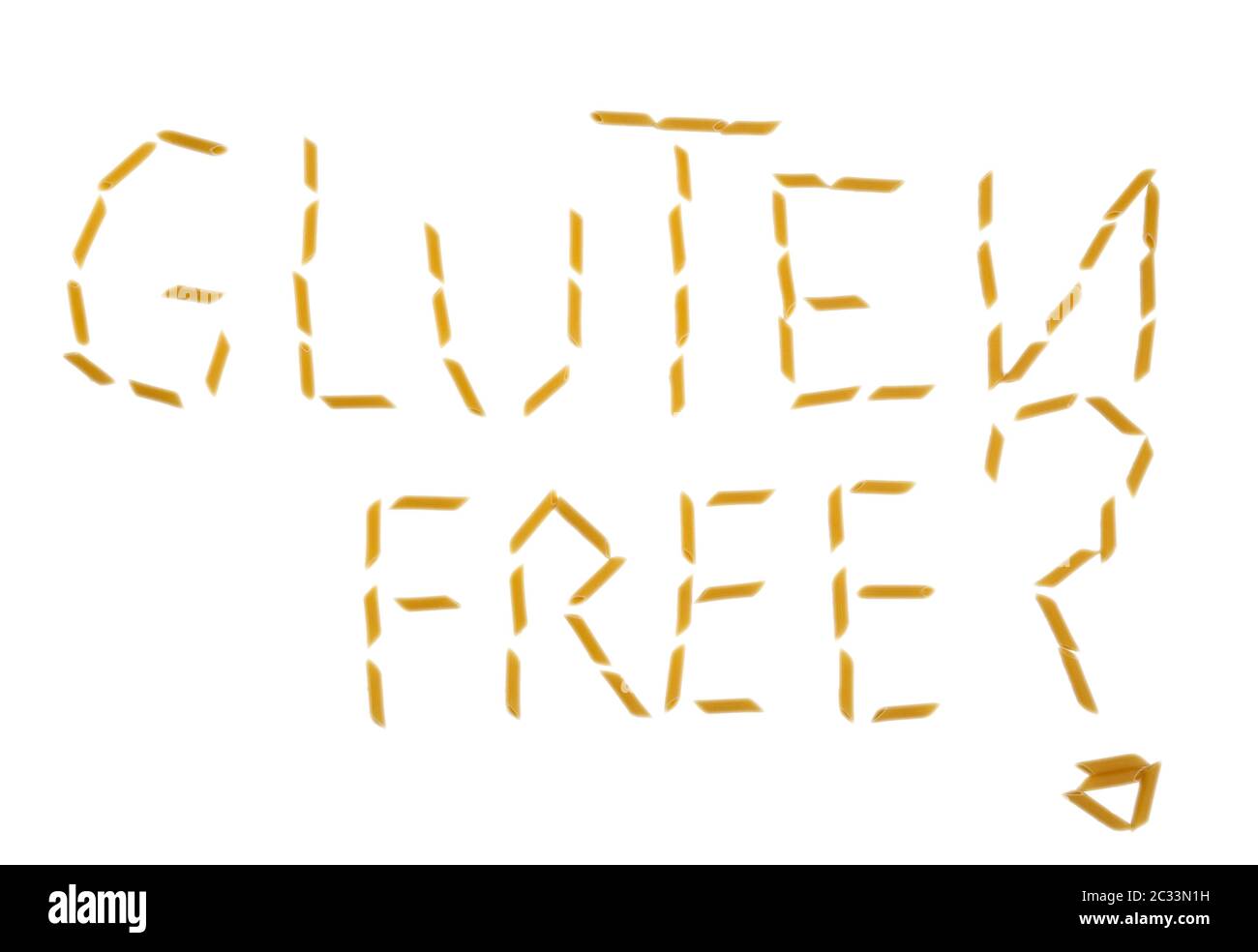 Glutenfreie Wort mit Pasta Penne auf weißem Hintergrund gemacht gesund Stockfoto