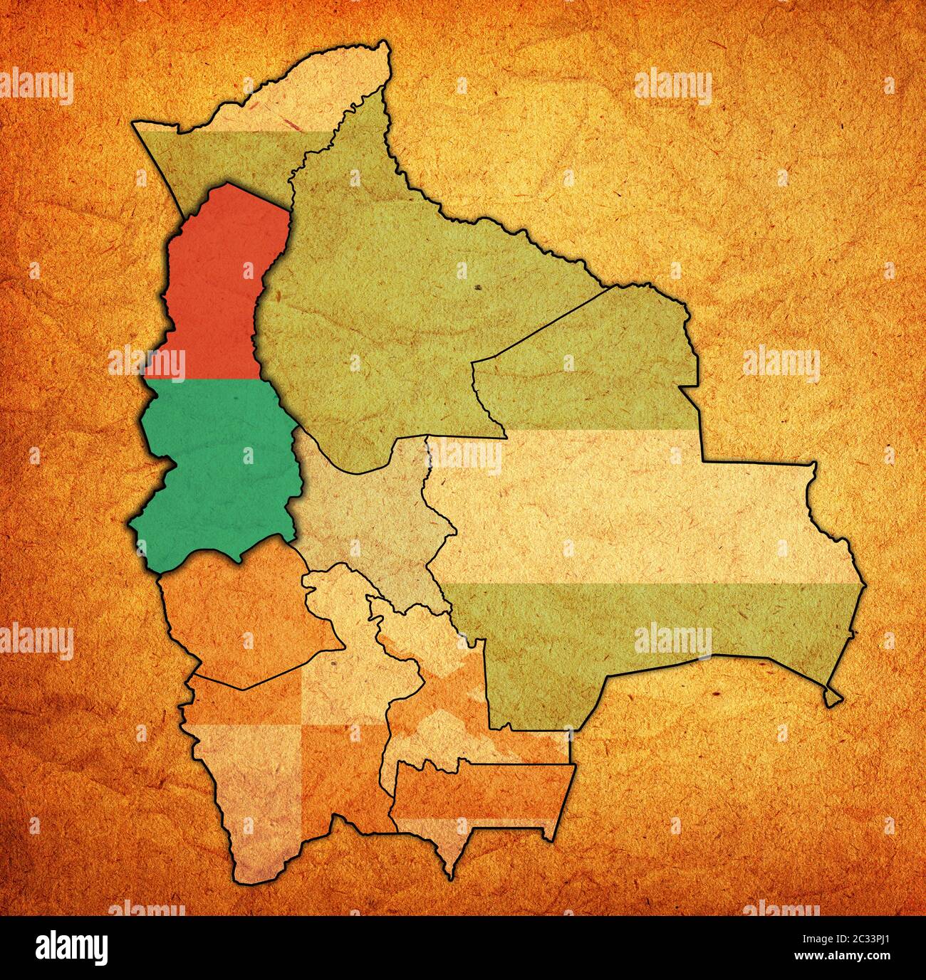 Gebiet und Flagge der Region La Paz auf der Karte mit Verwaltungseinteilungen und Grenzen Boliviens mit Beschneidungspfad Stockfoto