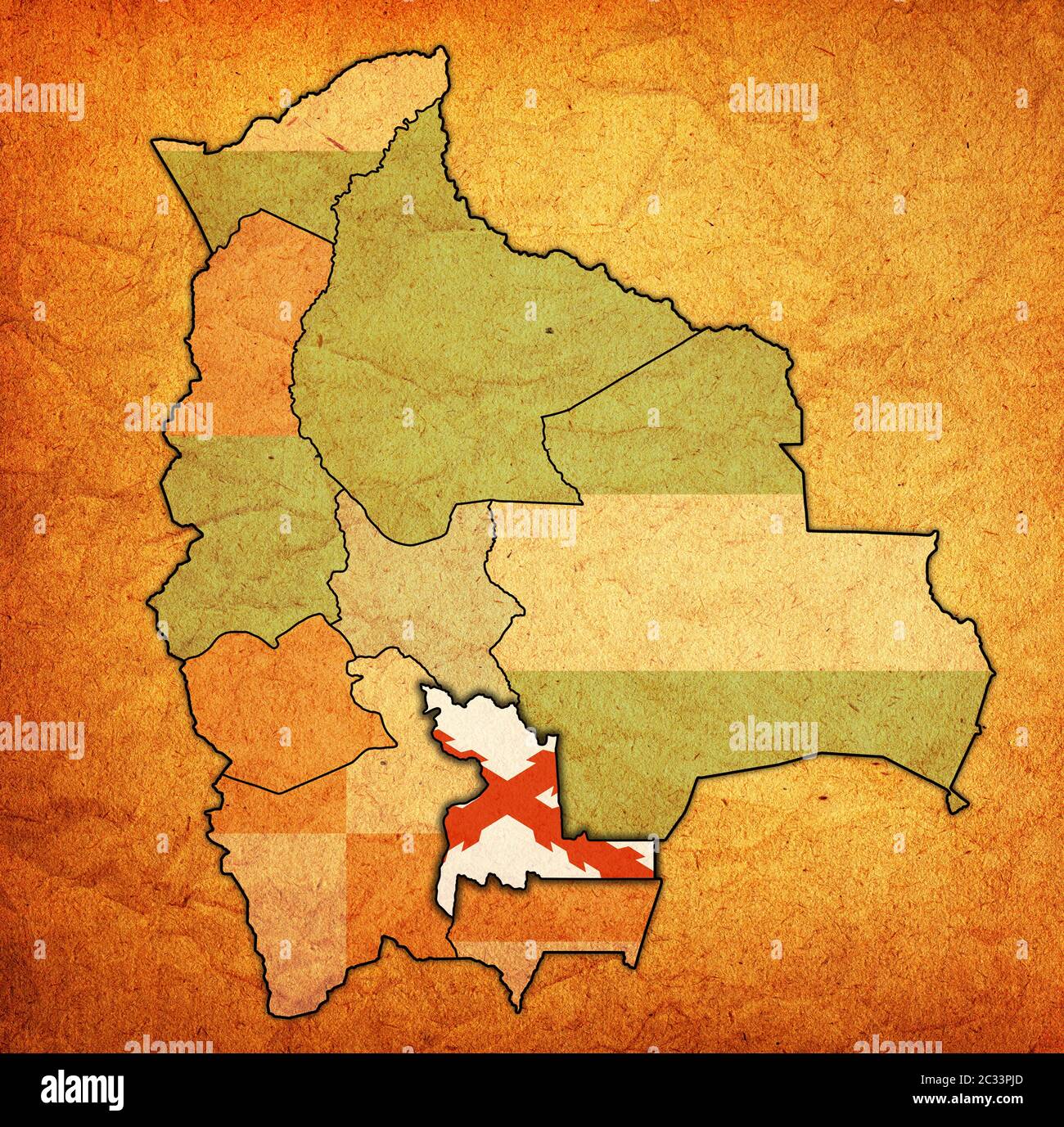 Gebiet und Flagge der Region Chuquisaca auf der Karte mit Verwaltungseinteilungen und Grenzen Boliviens mit Beschneidungspfad Stockfoto