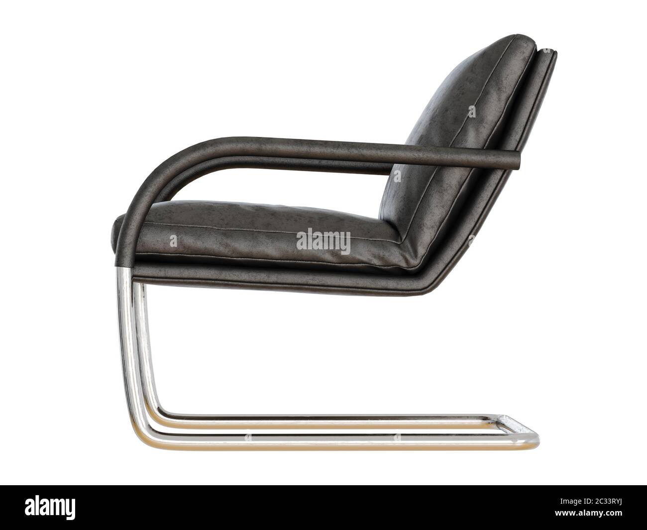 Sessel mit altem Leder auf einem Metallsockel auf weißem Hintergrund 3D-Rendering Stockfoto