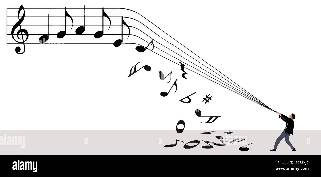 Ein Mann zieht an den Linien eines musikalischen Stabes und klopft Noten vom Stab und auf den Boden, während er versucht, Musik herunterzuladen. Stock Vektor