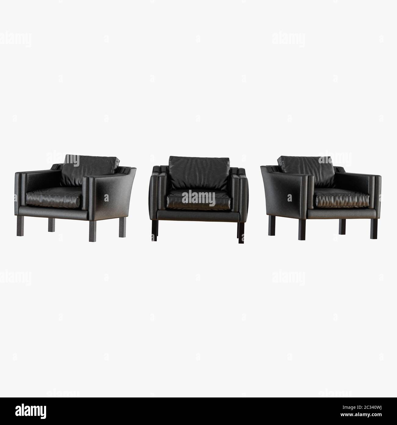 Drei schwarze Lederstühle mit Frontalansicht, 3D-Rendering Stockfoto