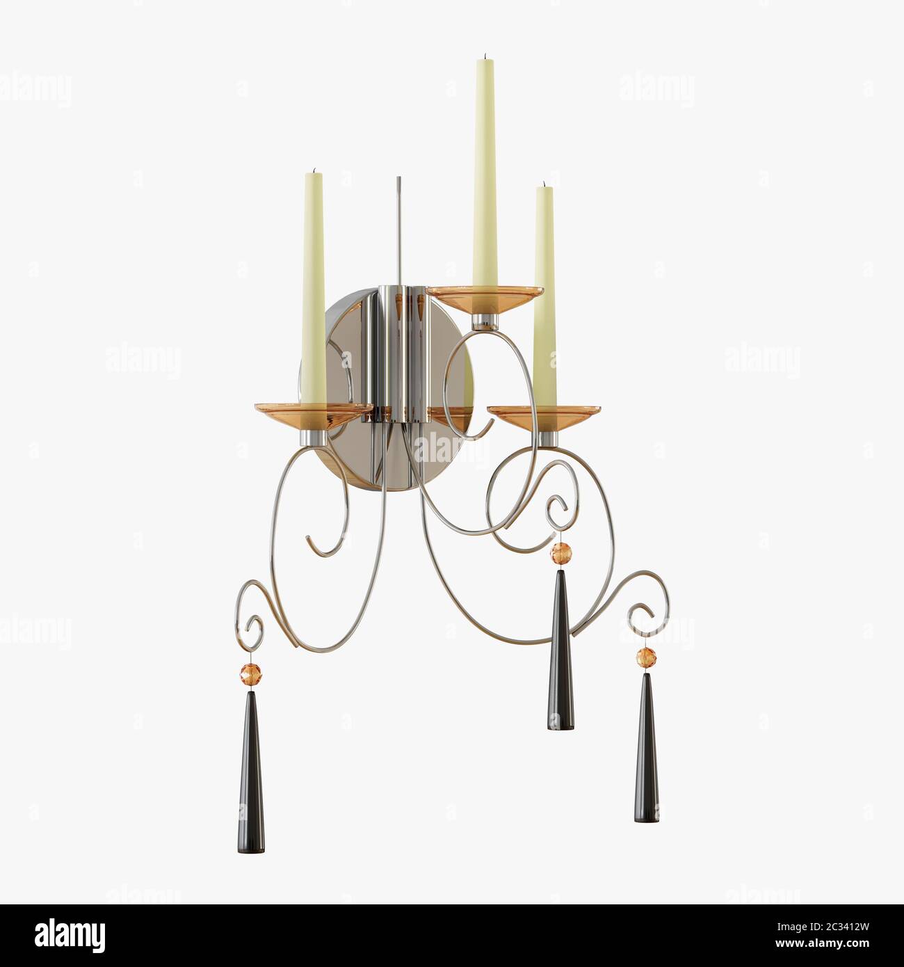 Moderne Lampe mit drei Kerzen auf weißem Hintergrund Stockfoto