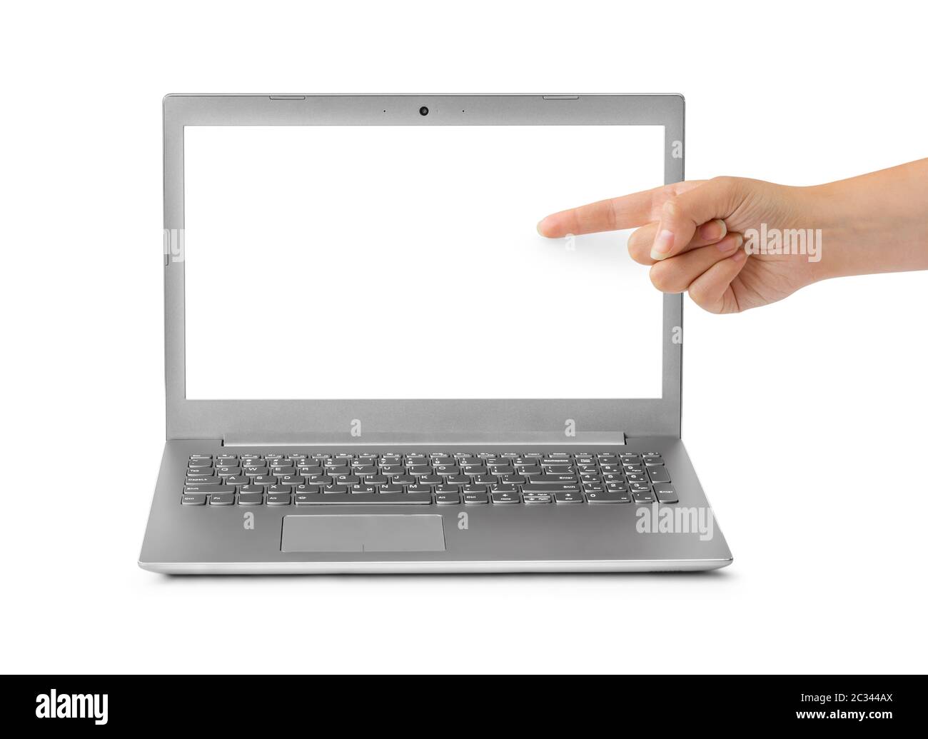 Notebook-Computer und zeigende hand Stockfoto