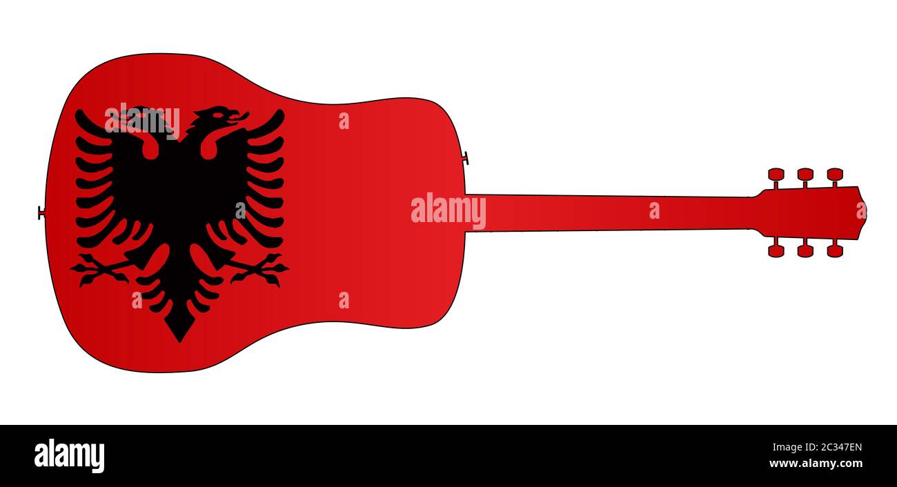 Eine typische akustische Gitarre silhouette isoliert über einem weißen Hintergrund mit einem albanische Flagge Stockfoto