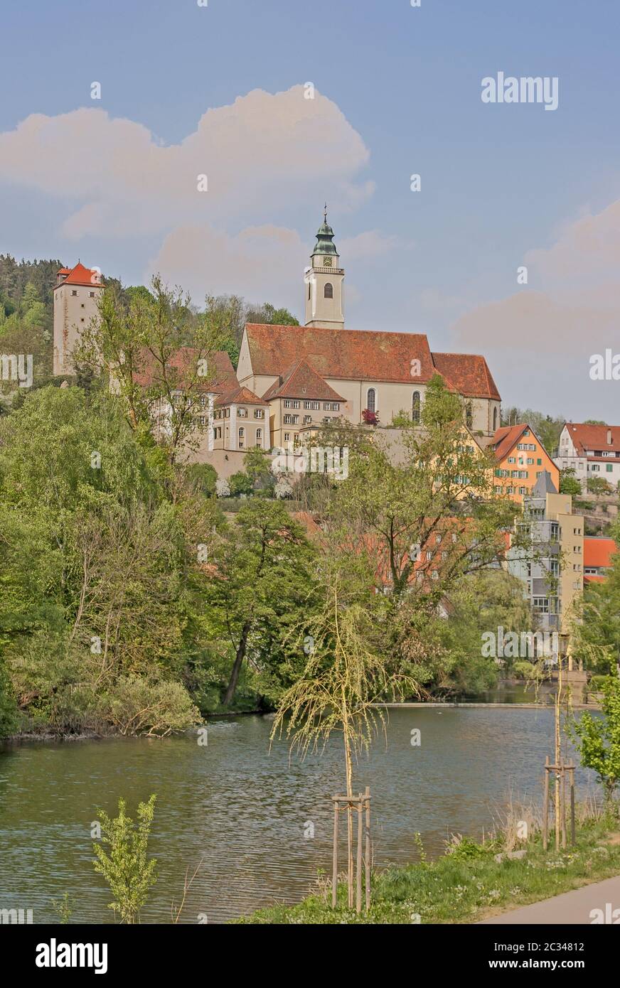 Horb am Neckar mit Schelm-Turm und Heiligkreuzkollegialkirche Stockfoto