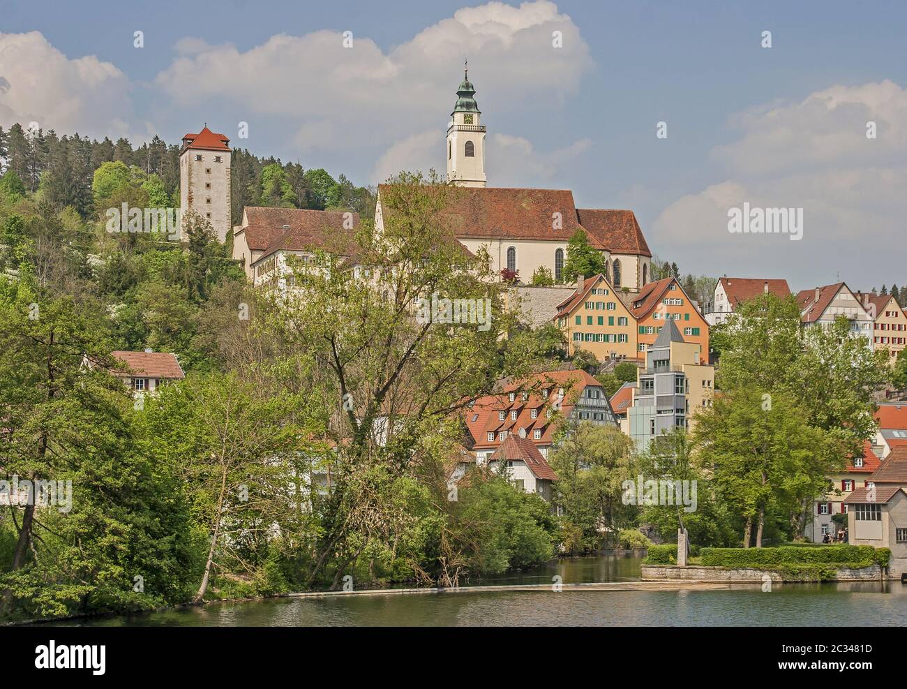 Horb am Neckar mit Schelm-Turm und Heiligkreuzkollegialkirche Stockfoto
