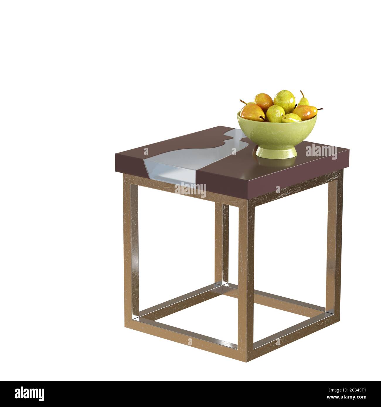 Ein kleiner quadratischer Couchtisch auf einem Metallsockel mit einer grünen Vase mit Birnen auf weißem Hintergrund. Copyspace. 3d-Rendering Stockfoto